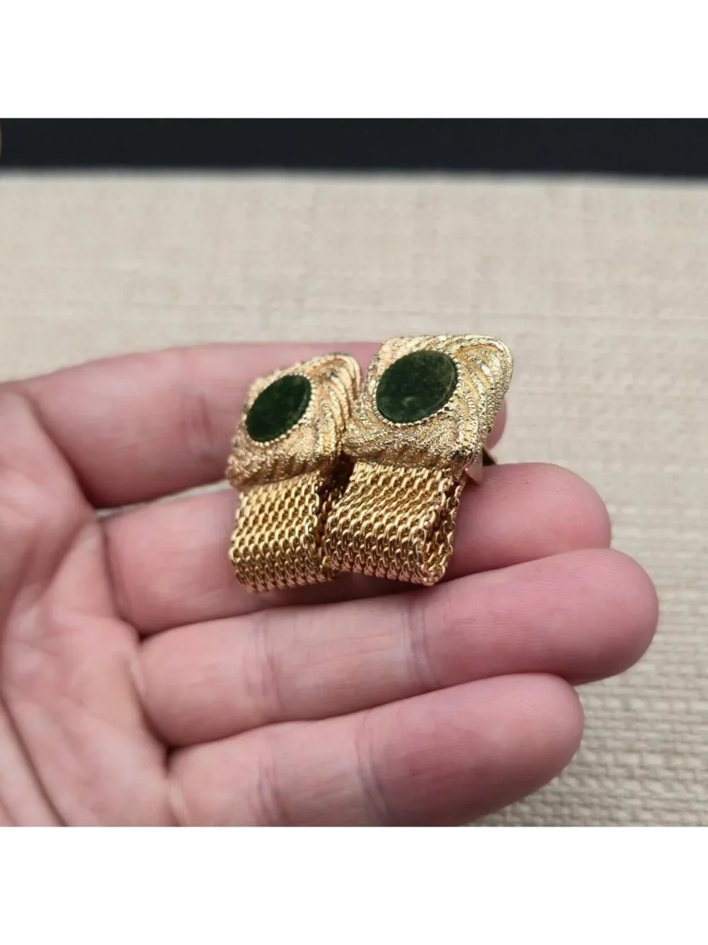 Vintage Mesh Wrap Cufflinks, Faux Jade Green Stone Square Men's Gift A8139